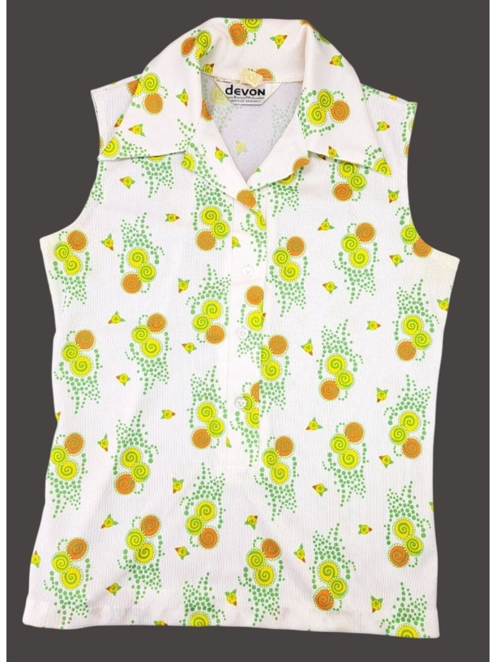 Vintage Devon Sleeveless Polyester Blouse White Green Orange Swirl Women Medium